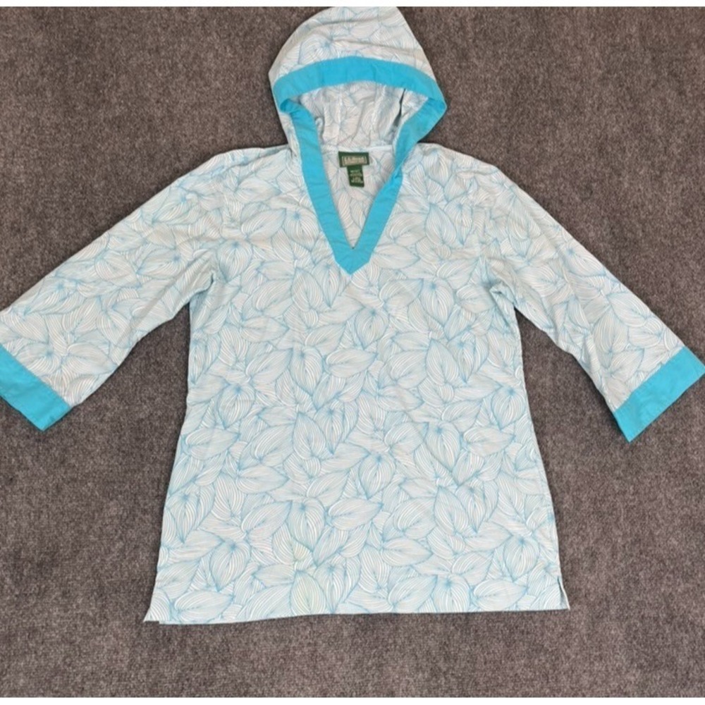 LL Bean Misses Hoodie 3/4 Sleeve Teal Blue Pullover Nylon/Polyester Size L
